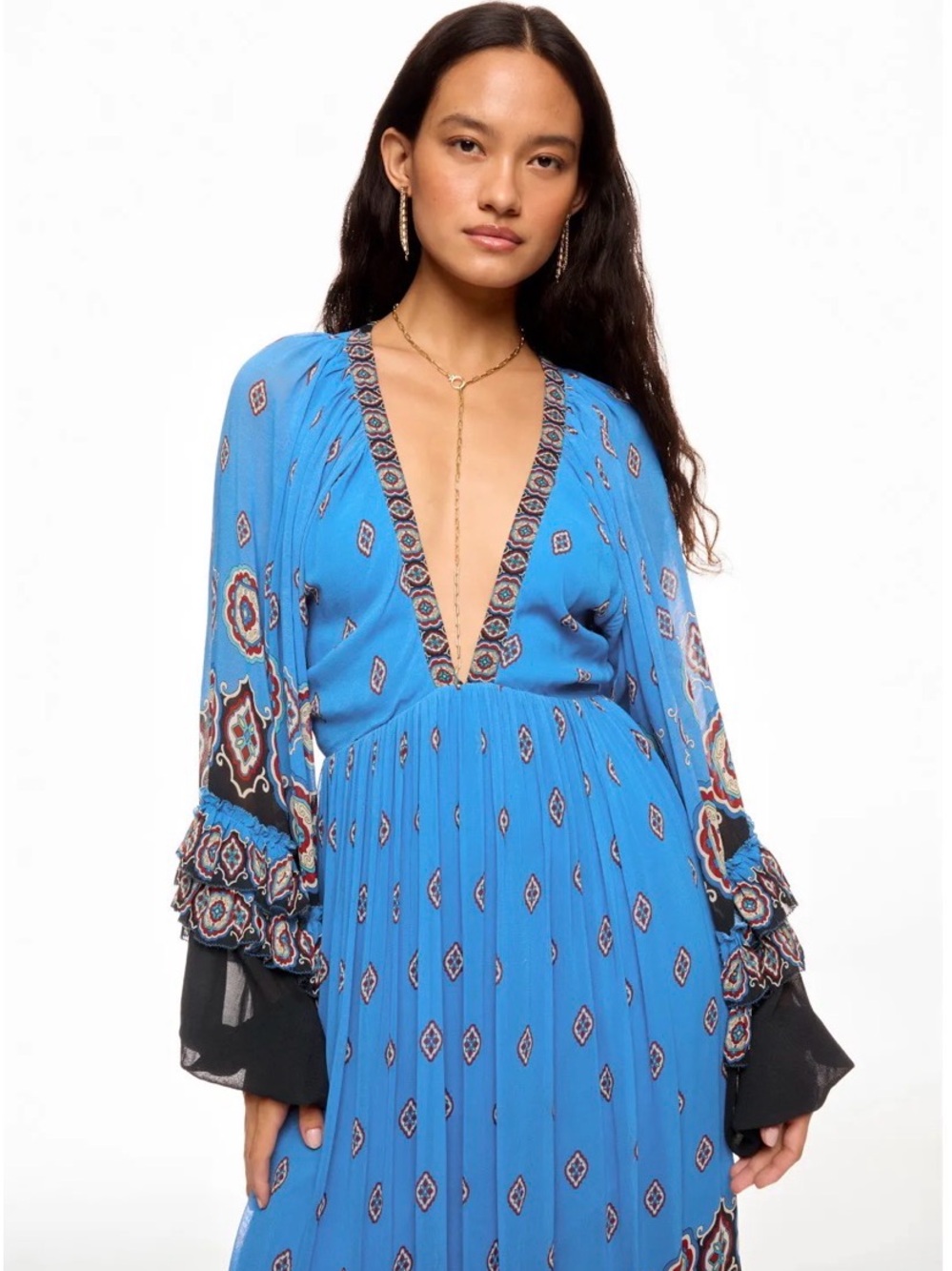 FARM Rio Ainika Tiles Maxi Dress Blue Long Sleeve V Neck Tiered Flowy - Picture 13 of 14